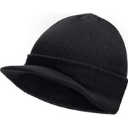 Viworld Winter Men's Knit Cap with Brim Beanie Hat Warm Thick Hat for Outdoor (Black)